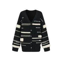 Via Pitti Color Blocked Striped V-Neck Knit Cardigan Black
