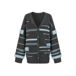 Via Pitti Color Blocked Striped V-Neck Knit Cardigan Dark Gray