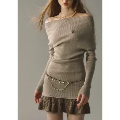Via Pitti Color Blocked Shiner Knit Patchwork Dress Khaki