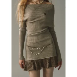Via Pitti Color Blocked Shiner Knit Patchwork Dress Khaki
