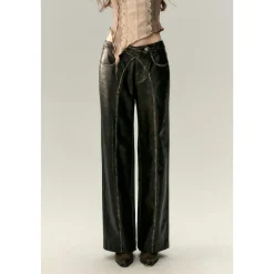 Via Pitti Cross Waist Distressed Leather Pants Black