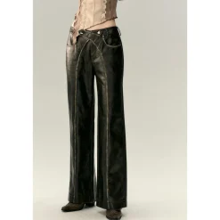Via Pitti Cross Waist Distressed Leather Pants Black