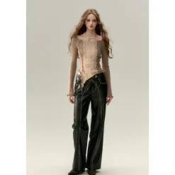 Via Pitti Cross Waist Distressed Leather Pants Black