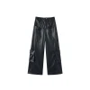 Via Pitti 3D Large Pocket Wide-Leg Leather Pants Black