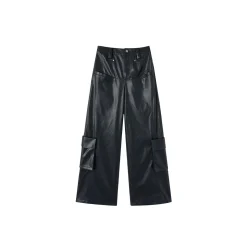 Via Pitti 3D Large Pocket Wide-Leg Leather Pants Black