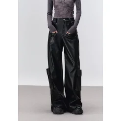 Via Pitti 3D Large Pocket Wide-Leg Leather Pants Black