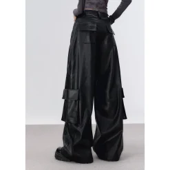 Via Pitti 3D Large Pocket Wide-Leg Leather Pants Black