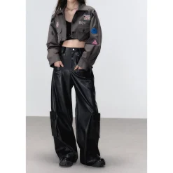 Via Pitti 3D Large Pocket Wide-Leg Leather Pants Black