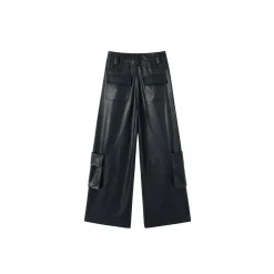 Via Pitti 3D Large Pocket Wide-Leg Leather Pants Black