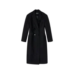 Via Pitti 3D Rose Brooch Double-Breasted Coat Black