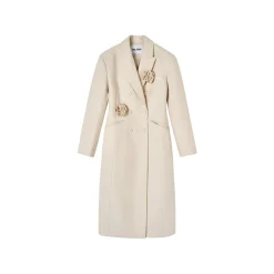 Via Pitti 3D Rose Brooch Double-Breasted Coat Cream