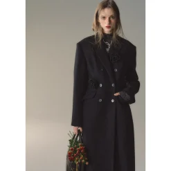 Via Pitti 3D Rose Brooch Double-Breasted Coat Black