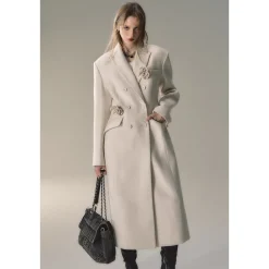 Via Pitti 3D Rose Brooch Double-Breasted Coat Cream