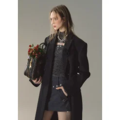 Via Pitti 3D Rose Brooch Double-Breasted Coat Black