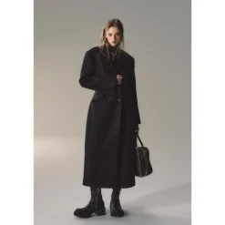 Via Pitti 3D Rose Brooch Double-Breasted Coat Black