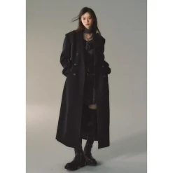 Via Pitti 3D Rose Brooch Double-Breasted Coat Black
