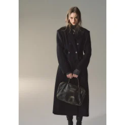 Via Pitti 3D Rose Brooch Double-Breasted Coat Black