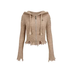 Via Pitti Destroy Cutting Waffle Knit Cardigan Khaki