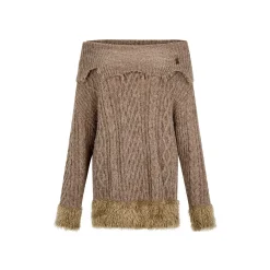 Via Pitti Destroy Cutting Off-Shoulder Knit Sweater Dress Khaki