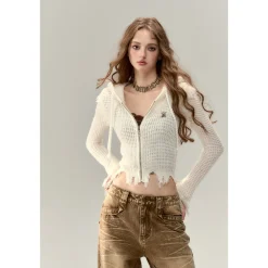 Via Pitti Destroy Cutting Waffle Knit Cardigan White