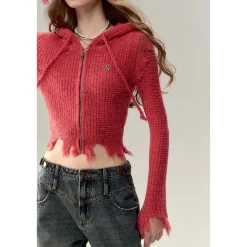 Via Pitti Destroy Cutting Waffle Knit Cardigan Red