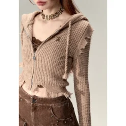 Via Pitti Destroy Cutting Waffle Knit Cardigan Khaki