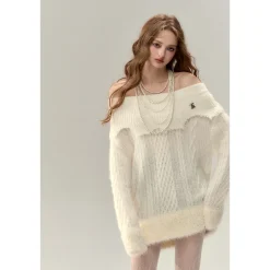 Via Pitti Destroy Cutting Off-Shoulder Knit Sweater Dress White