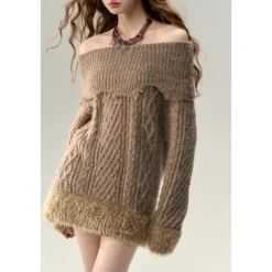 Via Pitti Destroy Cutting Off-Shoulder Knit Sweater Dress Khaki
