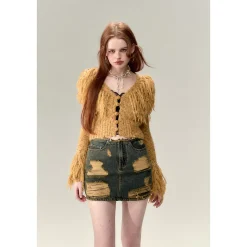 Via Pitti Destroy Cutting Wrapped Denim Skirt