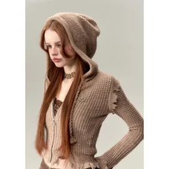 Via Pitti Destroy Cutting Waffle Knit Cardigan Khaki