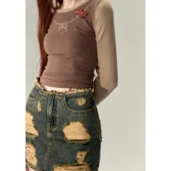 Via Pitti Destroy Cutting Wrapped Denim Skirt