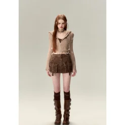 Via Pitti Destroy Cutting Waffle Knit Cardigan Khaki