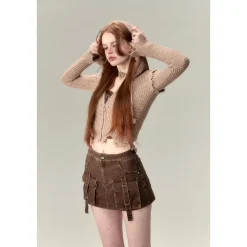 Via Pitti Destroy Cutting Waffle Knit Cardigan Khaki