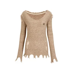 Via Pitti Destroy Edge Cutting V-Neck Sweater Khaki