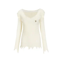 Via Pitti Destroy Edge Cutting V-Neck Sweater Cream