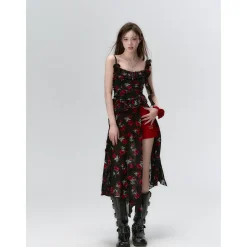 Via Pitti Detachable Two-Piece Floral Midi Dress Black