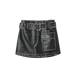 Via Pitti Distressed Heavy Washed Leather Skirt Black