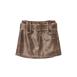 Via Pitti Distressed Heavy Washed Leather Skirt Brown