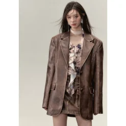Via Pitti Distressed Heavy Washed Leather Jacket Brown