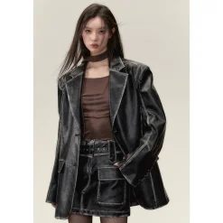 Via Pitti Distressed Heavy Washed Leather Jacket Black