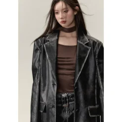 Via Pitti Distressed Heavy Washed Leather Jacket Black