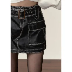 Via Pitti Distressed Heavy Washed Leather Skirt Black