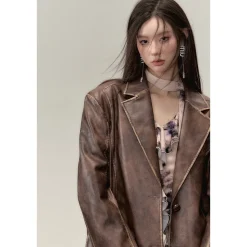 Via Pitti Distressed Heavy Washed Leather Jacket Brown