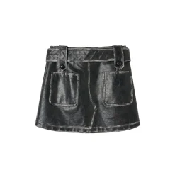 Via Pitti Distressed Heavy Washed Leather Skirt Black