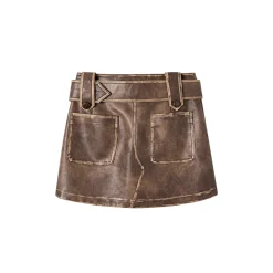 Via Pitti Distressed Heavy Washed Leather Skirt Brown