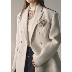 Via Pitti Double-Breasted Woolen Coat Cream
