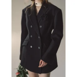Via Pitti Double-Breasted Woolen Coat Black