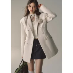 Via Pitti Double-Breasted Woolen Coat Cream