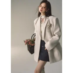 Via Pitti Double-Breasted Woolen Coat Cream