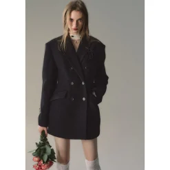 Via Pitti Double-Breasted Woolen Coat Black